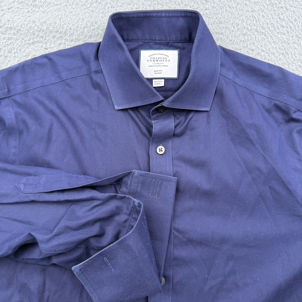 Charles Tyrwhitt Dress Shirt Mens 16.5/33 Navy Blue Slim Fit French Cuff